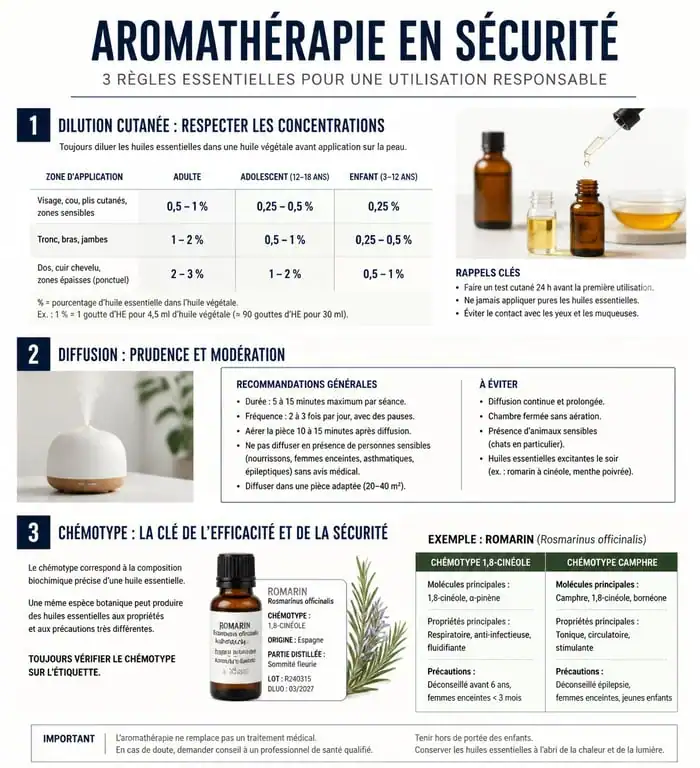 Infographie sur les règles de sécurité et dilution des huiles essentielles