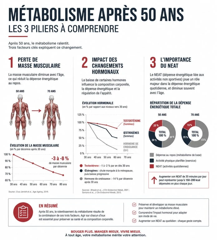 Infographie sur les facteurs influençant le métabolisme après 50 ans et comment l'augmenter