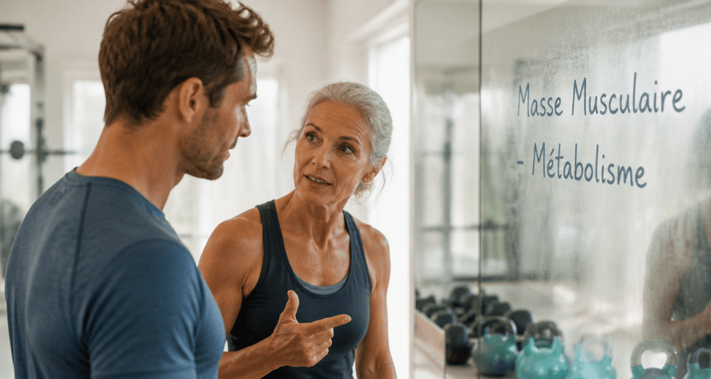 Métabolisme et musculation, homme et femme en salle de sport