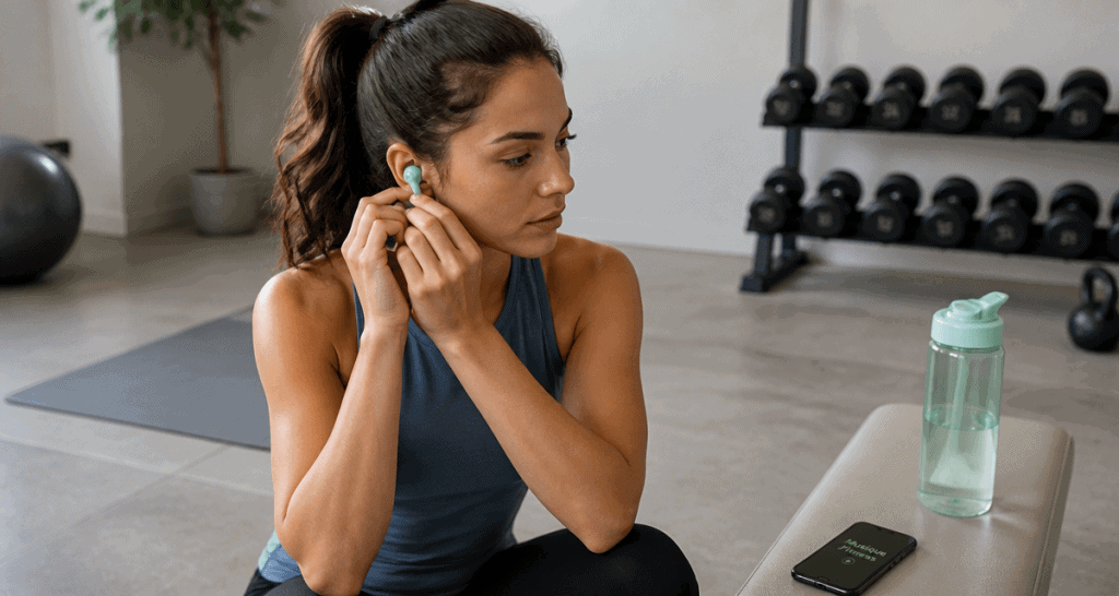 Femme ajuste écouteurs musique fitness salle de sport