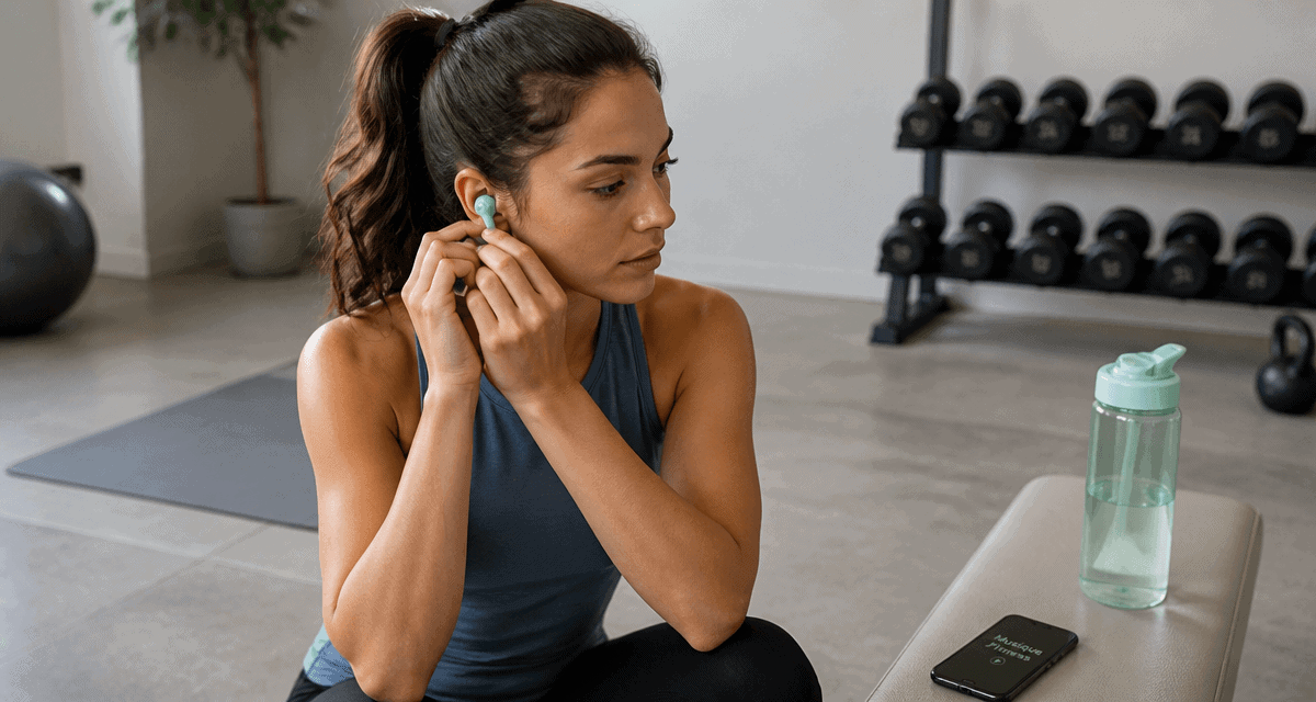 Femme ajuste écouteurs musique fitness salle de sport