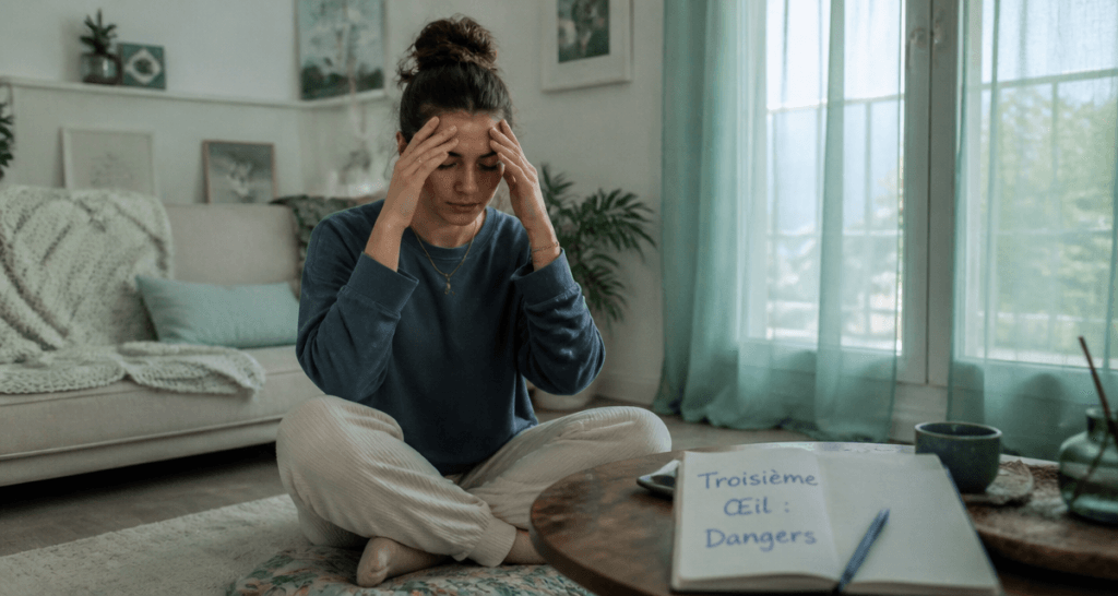 Ouverture du troisième œil danger, femme inquiète en méditation