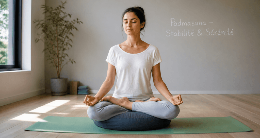 Padmasana position sur zafu bleu en salle de yoga
