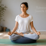 Padmasana position sur zafu bleu en salle de yoga