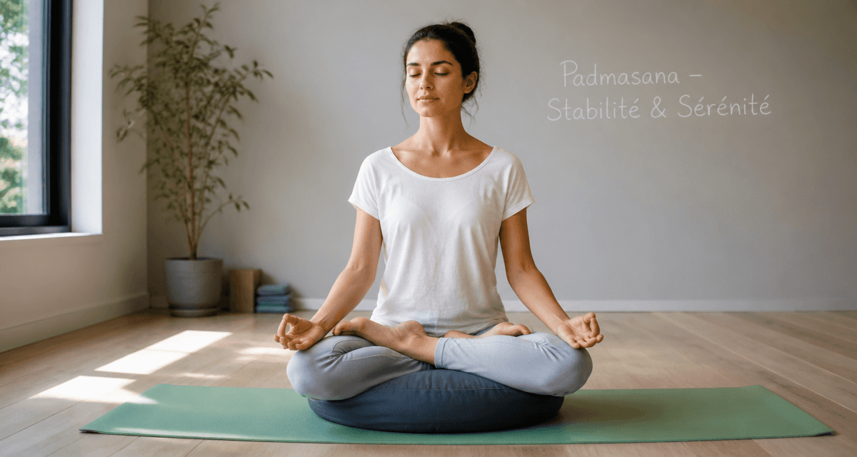 Padmasana position sur zafu bleu en salle de yoga