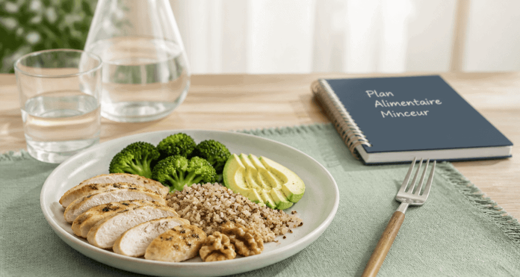 Plan alimentaire pour perte de poids, assiette équilibrée de poulet, légumes et quinoa