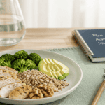 Plan alimentaire pour perte de poids, assiette équilibrée de poulet, légumes et quinoa