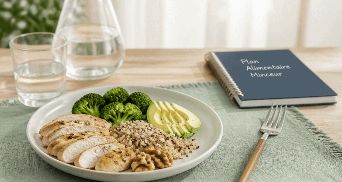 Plan alimentaire pour perte de poids, assiette équilibrée de poulet, légumes et quinoa