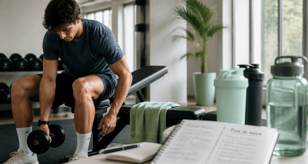 prise de masse musculaire jeune homme haltères