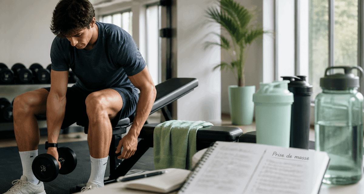 prise de masse musculaire jeune homme haltères