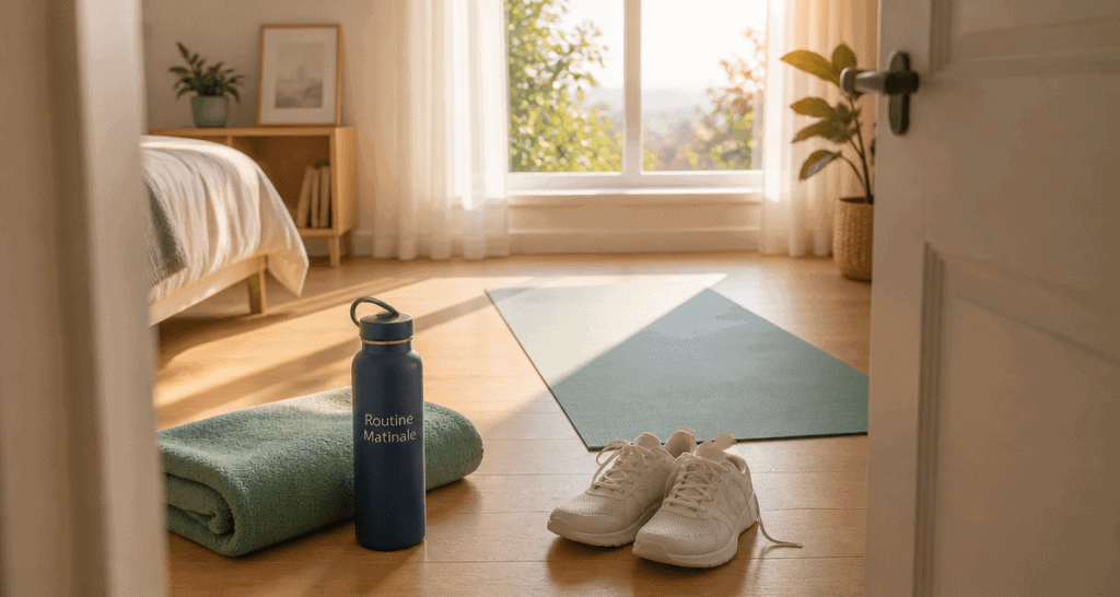 Accessoires sport matinale sur parquet lumineux