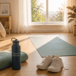 Accessoires sport matinale sur parquet lumineux
