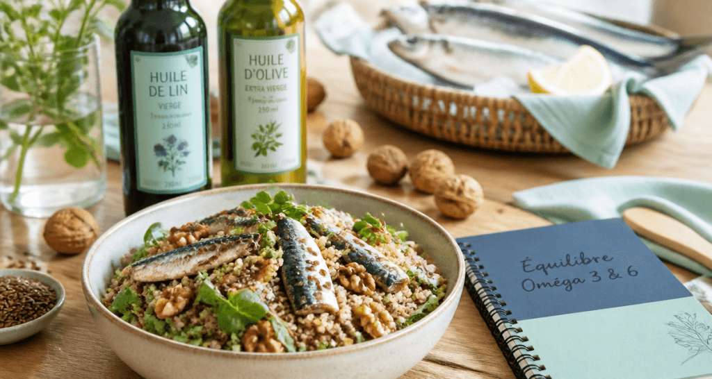 Salade riche en omega 3 et 6 avec huiles et noix