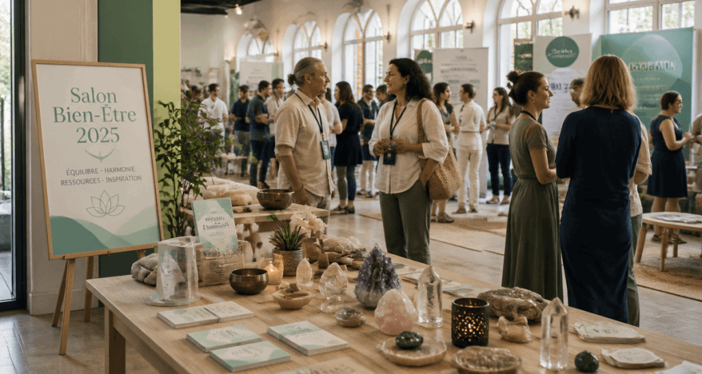 Salon du bien etre 2025 table cristaux et visiteurs