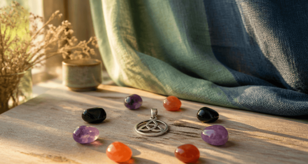 triquetra pendentif argenté sur table bois et pierres