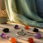 triquetra pendentif argenté sur table bois et pierres