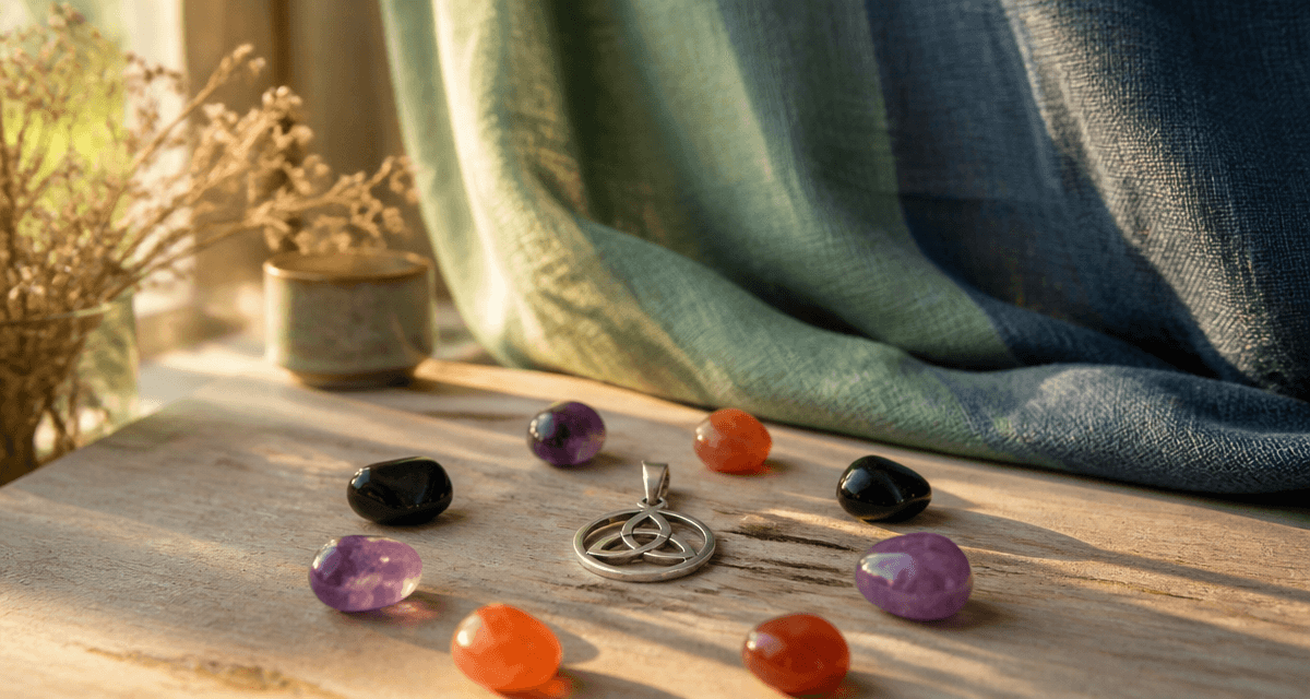 triquetra pendentif argenté sur table bois et pierres