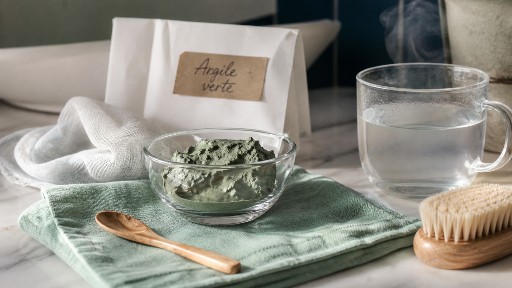 Argile verte et déchaussement des dents : pâte d’argile verte près d’une brosse souple