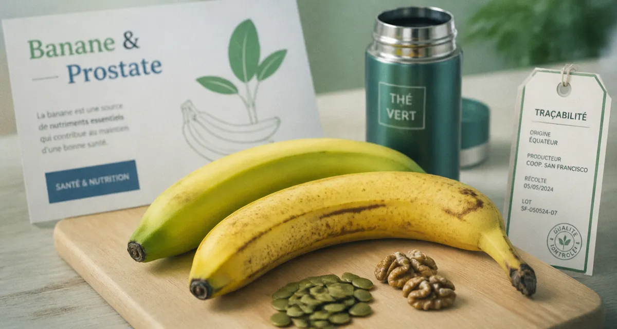 Banane et prostate : banane sur table, graines et noix