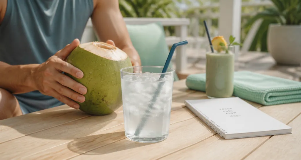 Bienfait de l eau de coco verre noix terrasse