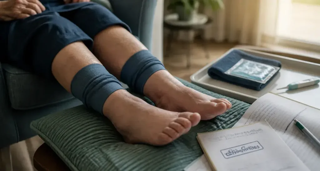 Chevilles enflées chez des personnes âgées, bas de contention et coussin sous les pieds