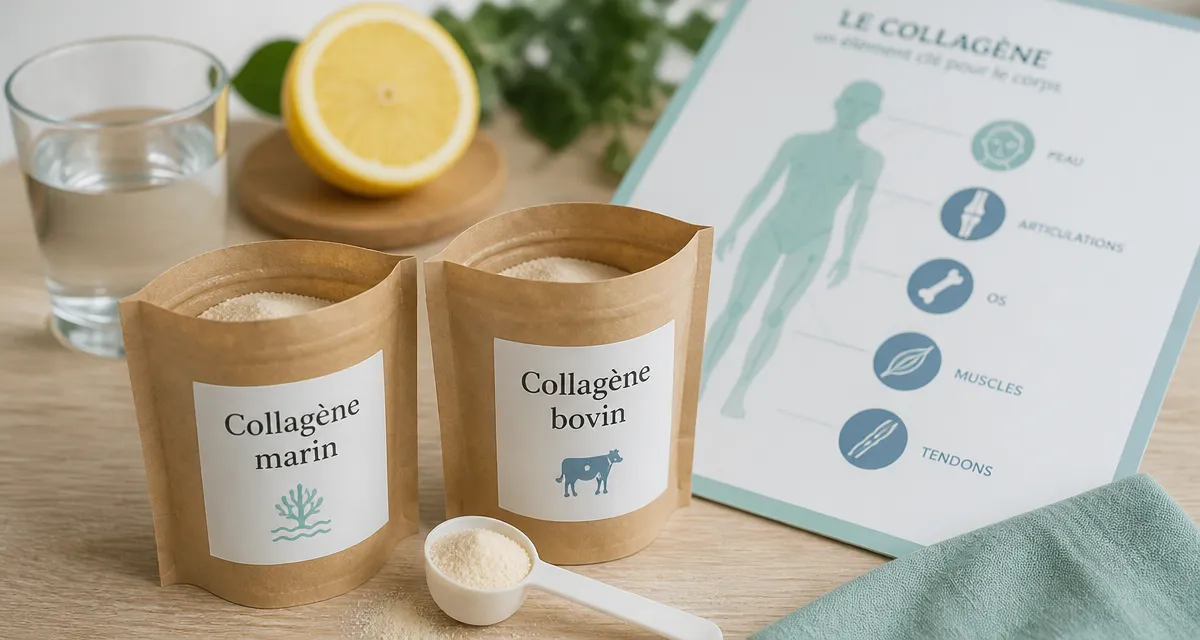 Difference collagene marin et bovin en poudre, sachets et doseuse