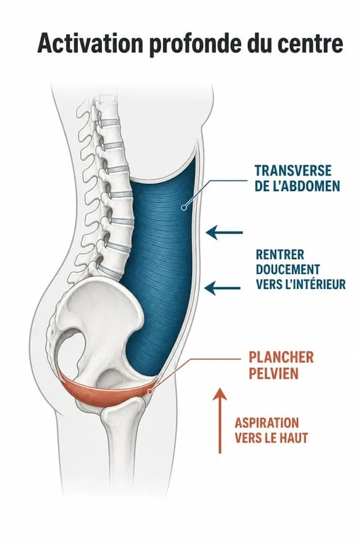 Schéma anatomique illustrant le mouvement du scoop en kinésithérapie périnéale pour le renforcement du plancher pelvien