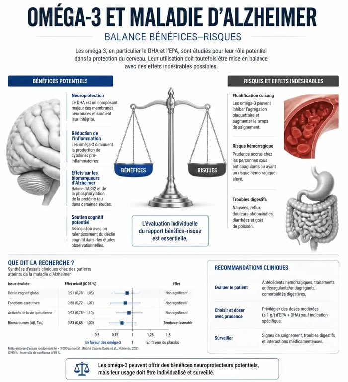 Infographie sur la balance bénéfices et risques des oméga-3 dans la maladie d'Alzheimer