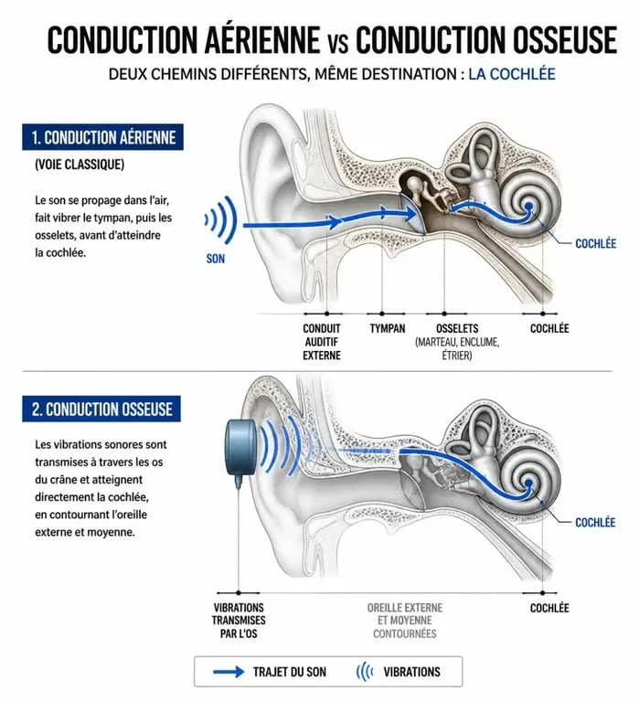 Schéma comparatif du fonctionnement des écouteurs à conduction osseuse et des écouteurs classiques pour la santé auditive