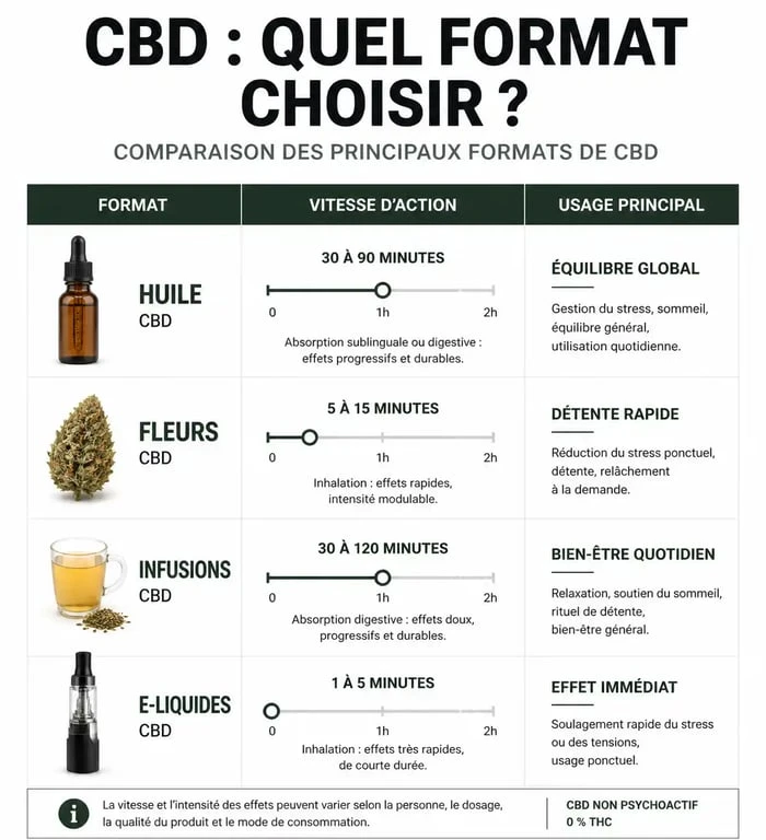 Comparatif des formats de cannabidiol à Metz : huile, fleurs, infusions et e-liquides pour choisir son produit CBD.