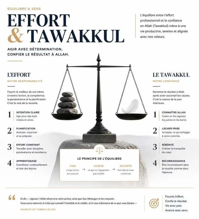 Infographie sur l'équilibre entre effort et Tawakkul pour la réussite au travail