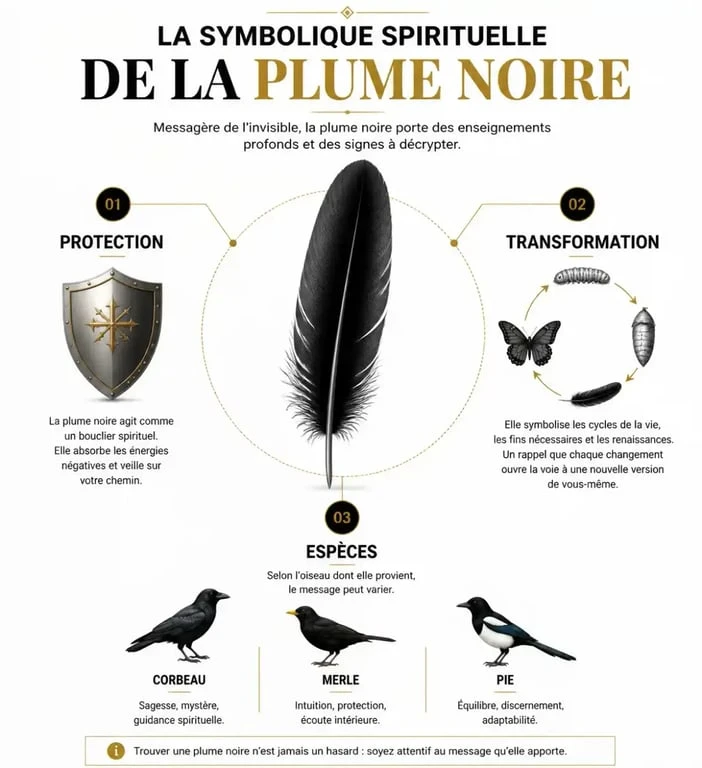 Infographie sur la signification spirituelle et symbolique de la plume noire : protection, transformation et interprétation selon l'oiseau.