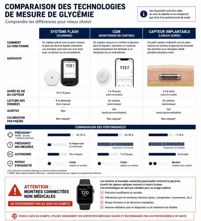 Comparatif des technologies de lecteur de glycémie sans piqûre : systèmes médicaux vs gadgets non homologués