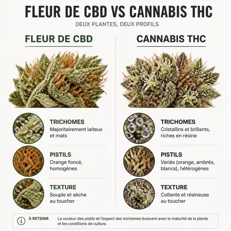 Infographie comparative des différences visuelles entre une fleur de CBD et une fleur de cannabis riche en THC pour identifier la différence cbd et beuh visuellement.