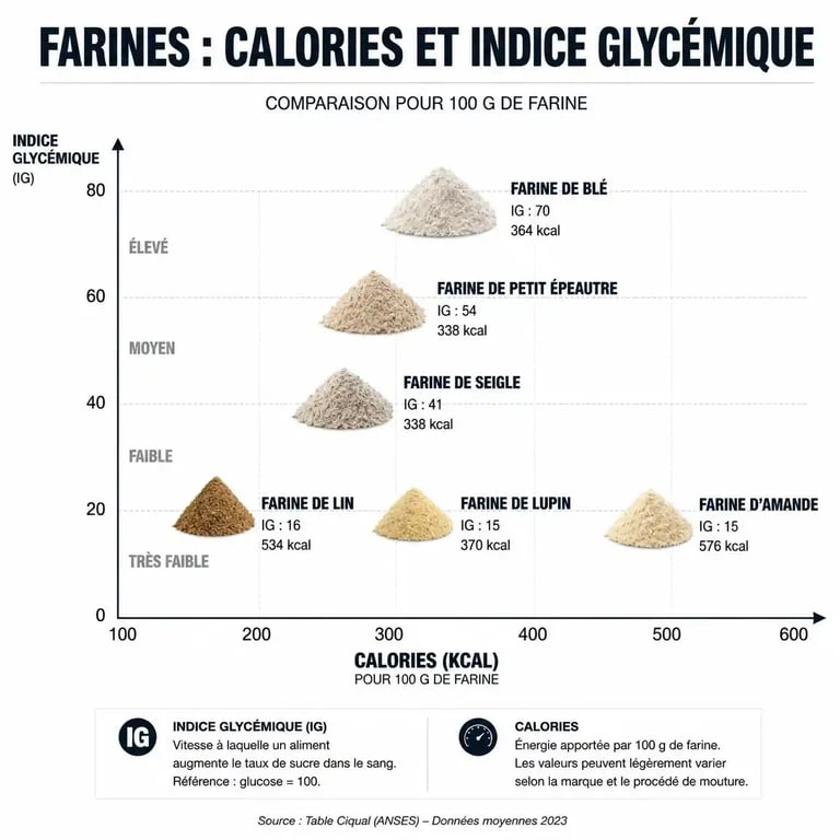Infographie comparative des farines : calories et indice glycémique pour choisir la farine la moins calorique