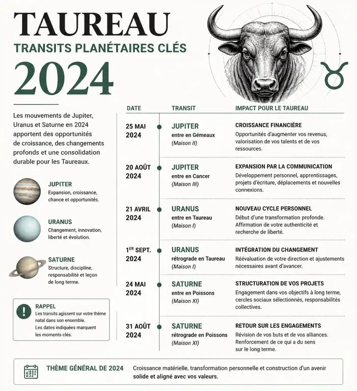 Calendrier astrologique 2024 pour le signe du Taureau avec les influences planétaires majeures
