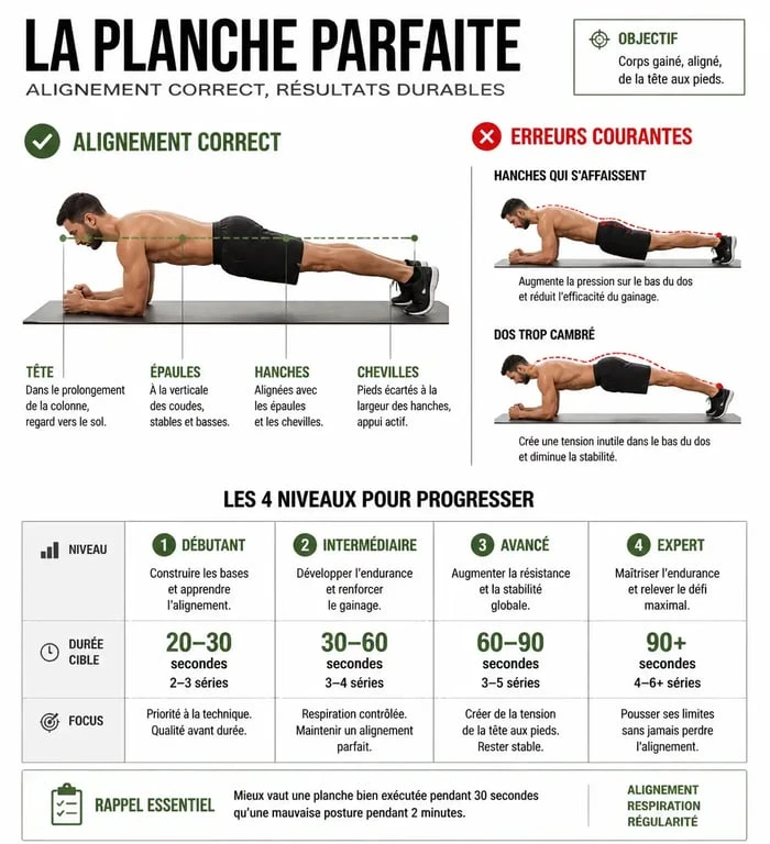 Infographie sur les niveaux de gainage et les erreurs de posture pour le gainage combien de temps