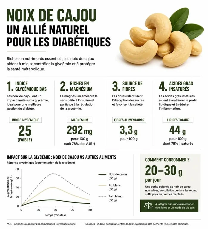 Infographie sur les bienfaits nutritionnels des noix de cajou et diabète : magnésium, fibres et indice glycémique.