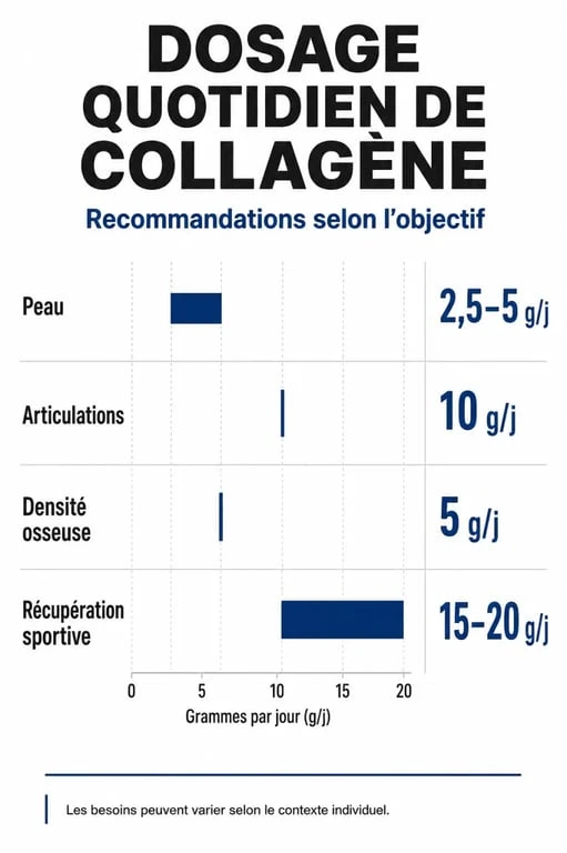 Infographie des dosages recommandés de collagène par jour selon les objectifs de santé