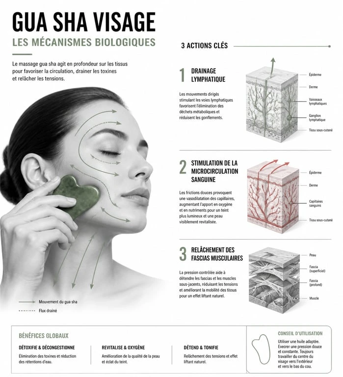 Schéma explicatif des bienfaits du gua sha sur la peau : drainage lymphatique et microcirculation.