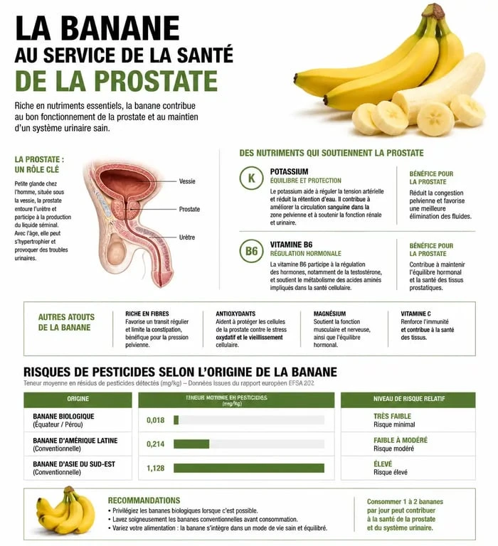Infographie sur les bienfaits de la banane et la santé de la prostate : nutriments et prévention des risques