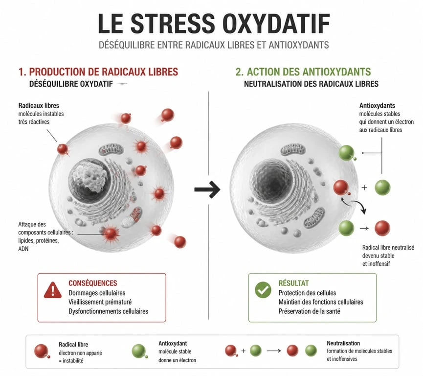Schéma explicatif du stress oxydatif : équilibre entre radicaux libres et antioxydants dans l'organisme.