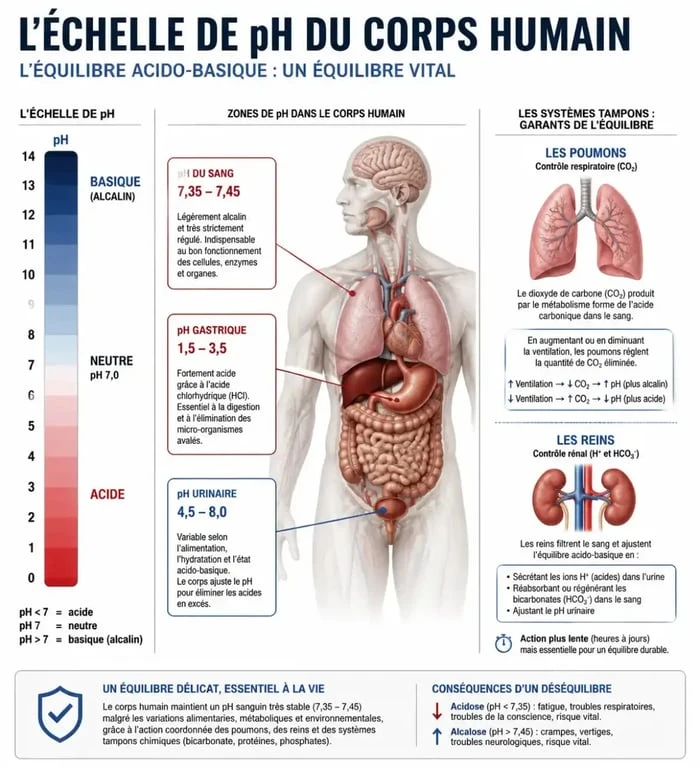 Infographie sur l'équilibre du pH du corps humain et les systèmes de régulation acido-basique