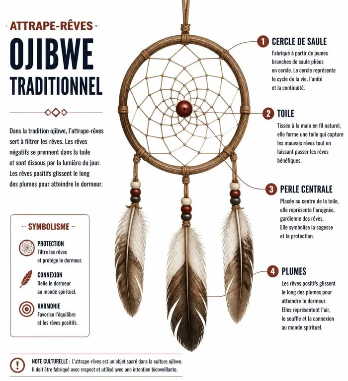 Schéma explicatif des composants d'un attrape-rêve indien traditionnel : cercle, toile, plumes et perle.