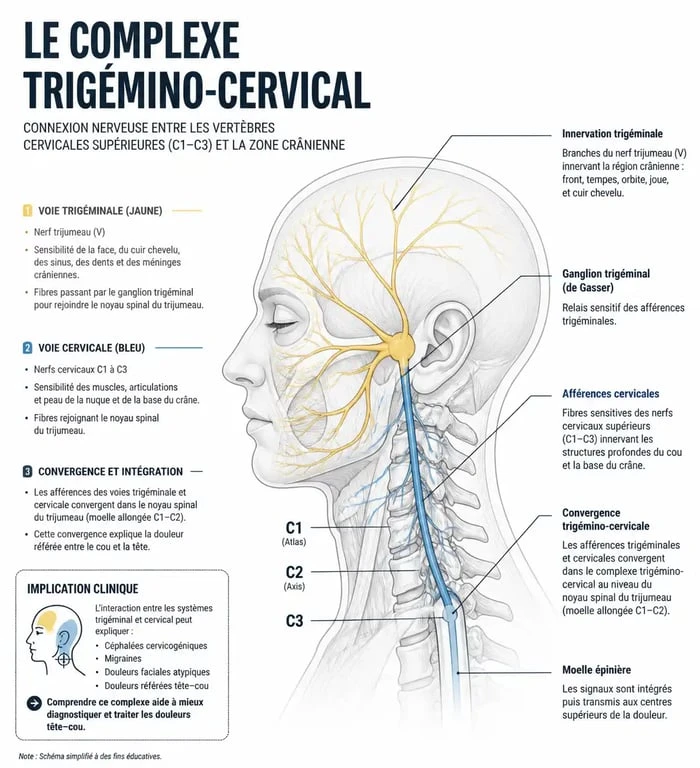 Schéma anatomique du lien entre les maux de tête et les cervicales