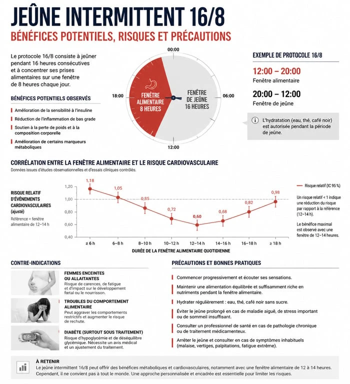 Infographie sur les risques et précautions du jeûne intermittent 16/8 pour la santé cardiovasculaire