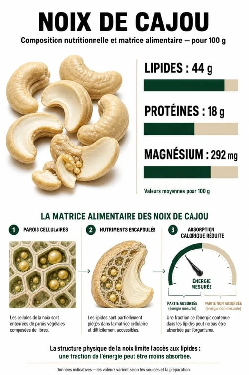 Infographie des bienfaits nutritionnels et de l'impact calorique des noix de cajou sur la gestion du poids