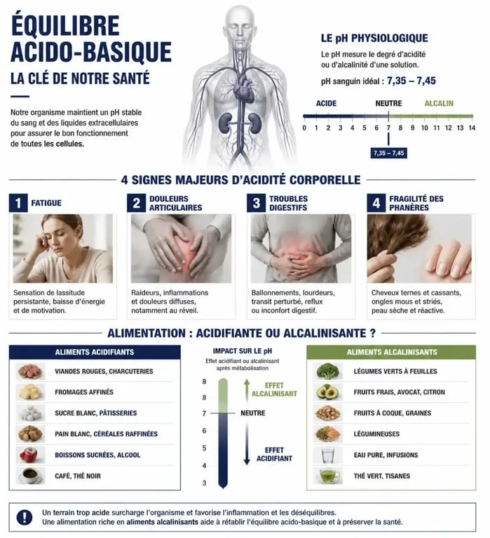 Infographie sur les 4 signes que votre corps est trop acide et conseils d'équilibre acido-basique