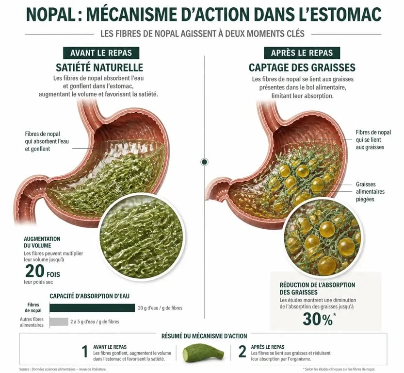 Infographie expliquant le mécanisme d'action du nopal avant ou après le repas pour la perte de poids et la satiété.