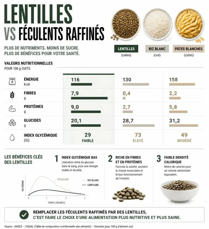 Infographie nutritionnelle comparant les lentilles aux féculents pour comprendre pourquoi les lentilles ne font pas grossir